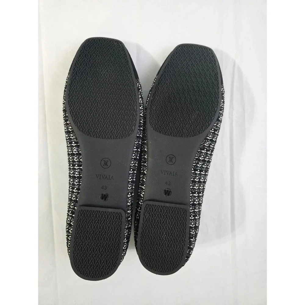 Vivaia Margot Square Toe V-Cut Tweed Knit Flats Black White EU 43W USA 11.5Wide